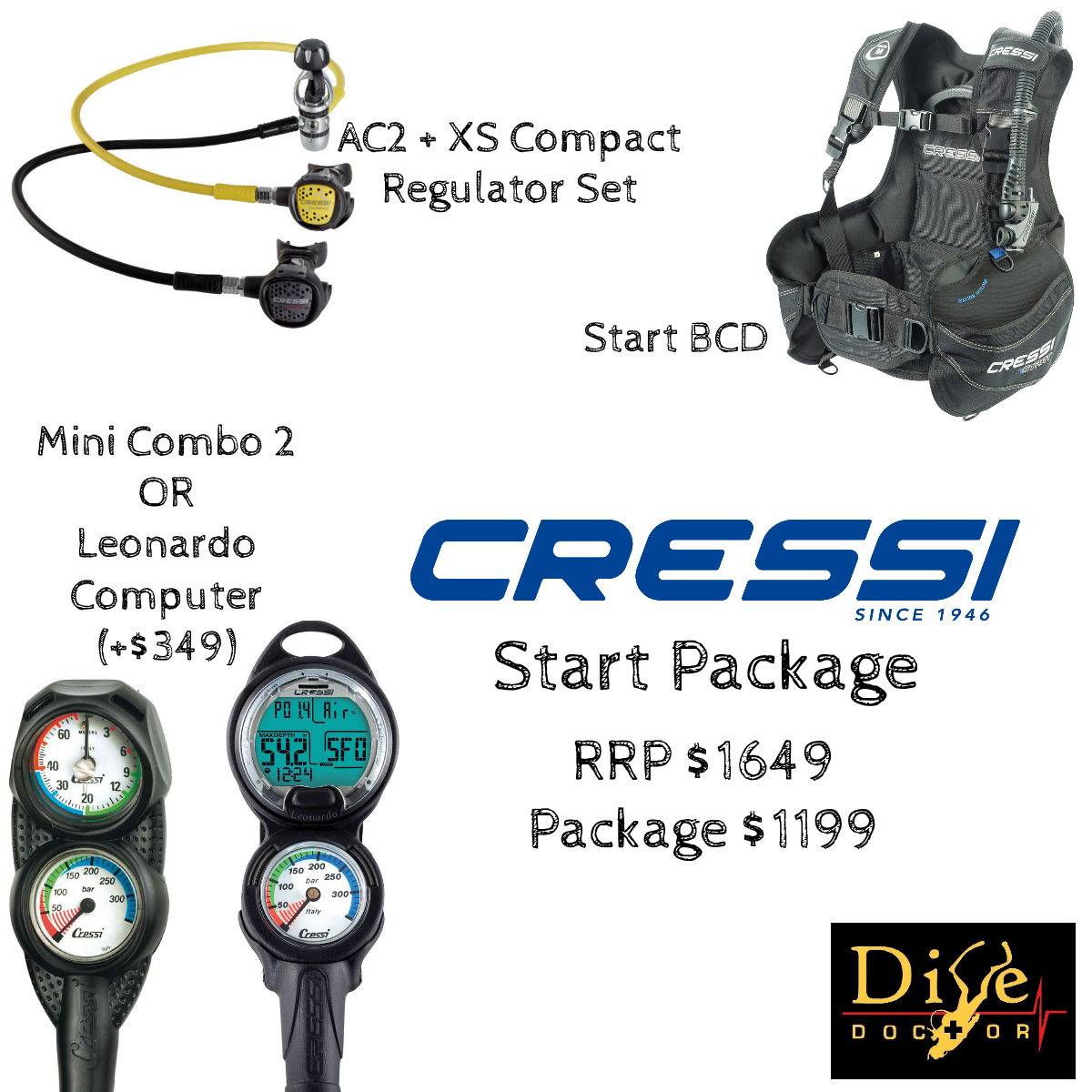 Cressi Start Package Basic BCD/Regulator/Gauges Set Dive Store Auckland Scuba Dive Gear